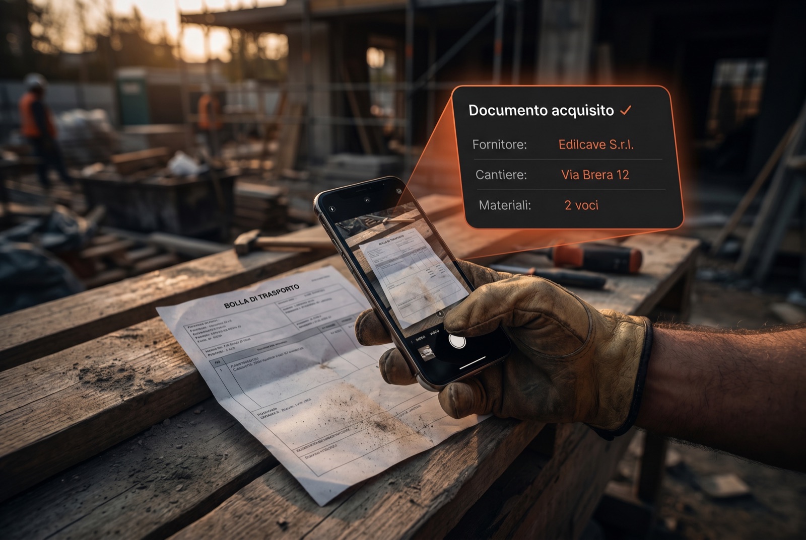 Operaio in cantiere che fotografa una bolla di trasporto con lo smartphone mentre l'app mostra il documento acquisito